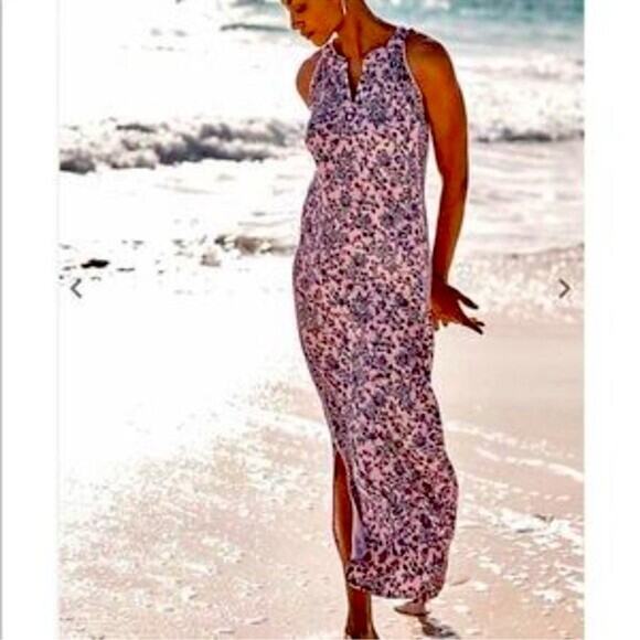 J Jill MP Island Breeze Blush Pink Blue Floral Maxi Dress Fairy Sleeveless Bloom - Picture 1 of 11